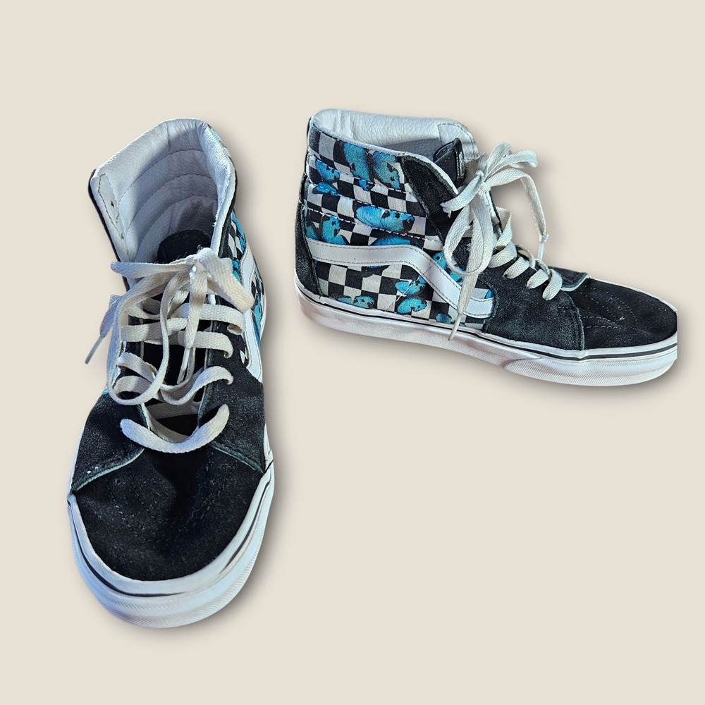 Vans Sk8-Hi Black Checkerboard Butterfly High Top Sneakers‎ Womens 8.5